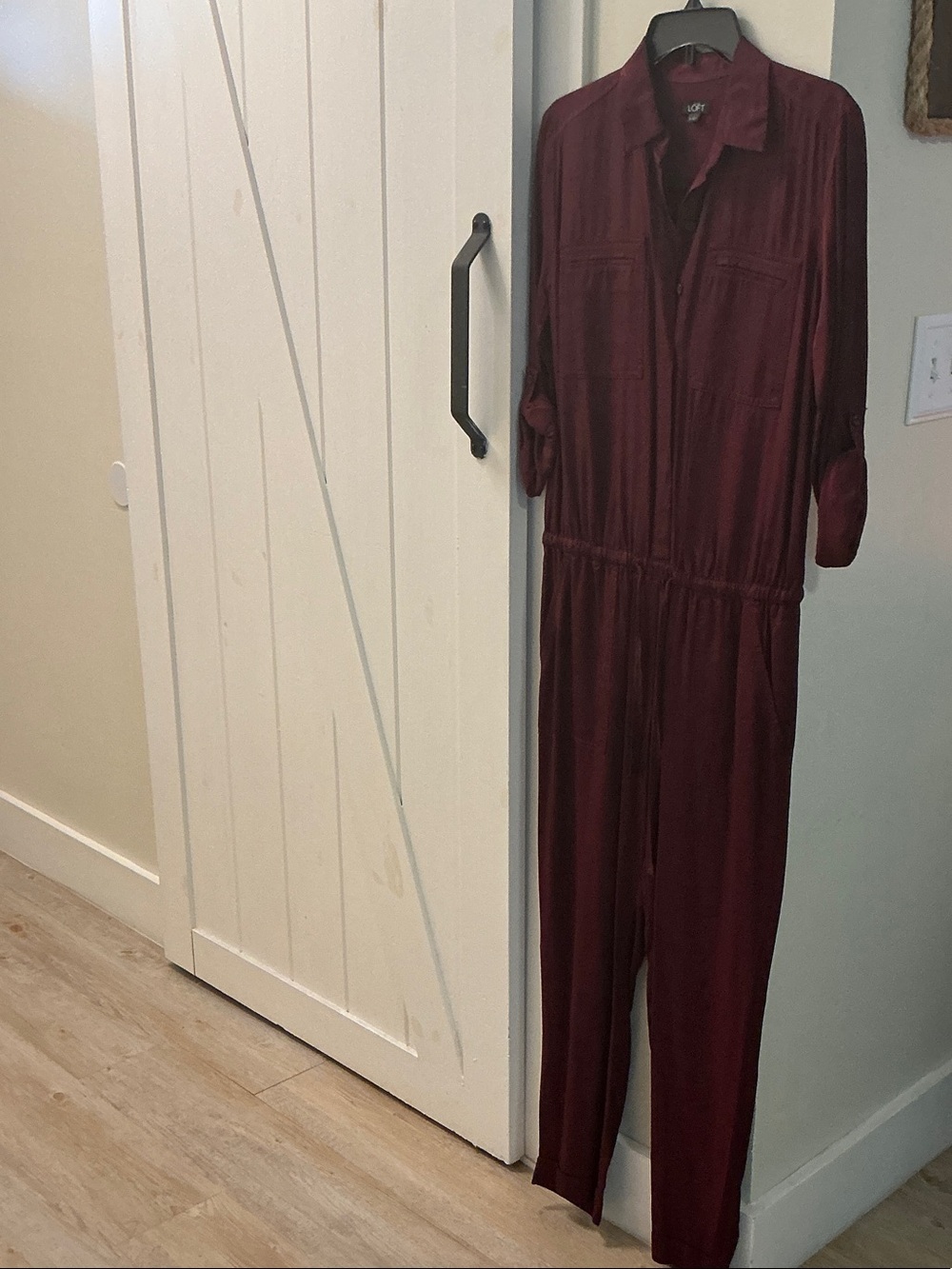 LOFT Burgundy Button-Front Long Sleeve Jumpsuit